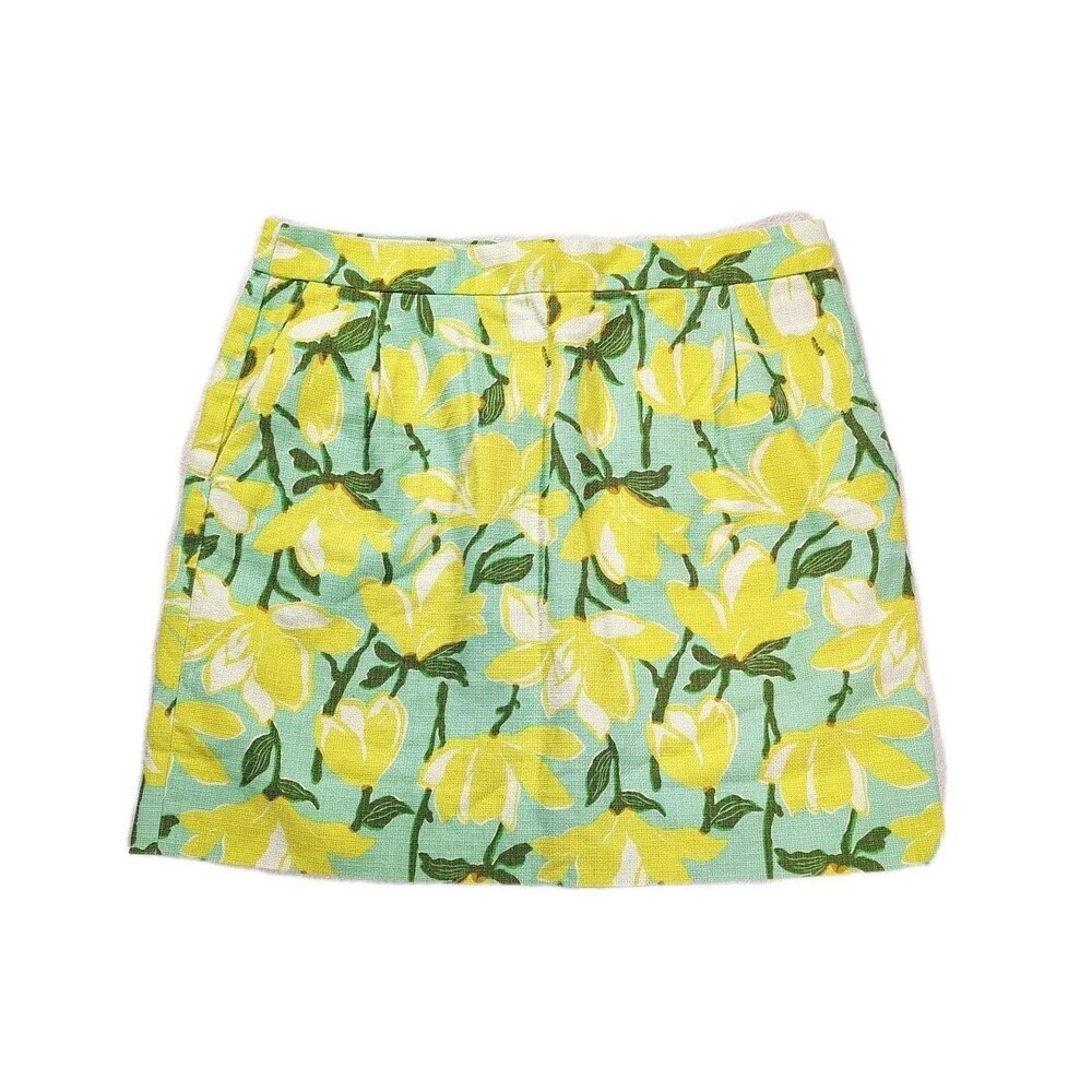 JCrew Floral Skirt Womens 8 Yellow Green Daffodil Magnolia Print Textured Pocket